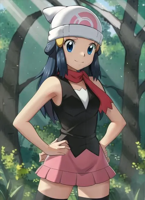 forest, light rays, 1girl, character_pokemon_dawn, solo, cowboy shot, looking at viewer, smile, closed mouth, hands on hips, beanie, hairclip, sleeveless shirt, skirt, kneehighs, scarf <lora:SD15LoraCharacterPokemon_v4:1>