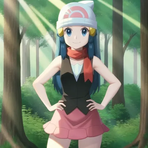 <lora:character_pokemon_dawn_v5:0.7> forest, light rays, 1girl, character_pokemon_dawn, solo, cowboy shot, looking at viewer, blue eyes, blue hair, smile, closed mouth, hands on hips, beanie, hairclip, sleeveless shirt, skirt, kneehighs, scarf