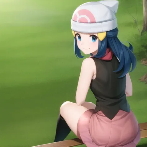 <lora:character_pokemon_dawn_v5:0.7> forest, 1girl, character_pokemon_dawn, solo, sitting, on bench, hands on own thighs, from behind, from above, looking back, looking at viewer, blue eyes, blue hair, smile, closed mouth, beanie, hairclip, sleeveless shirt, skirt, kneehighs, scarf