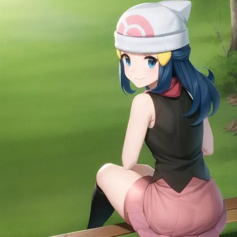 <lora:character_pokemon_dawn_v5:0.7> forest, 1girl, character_pokemon_dawn, solo, sitting, on bench, hands on own thighs, from behind, from above, looking back, looking at viewer, blue eyes, blue hair, smile, closed mouth, beanie, hairclip, sleeveless shirt, skirt, kneehighs, scarf