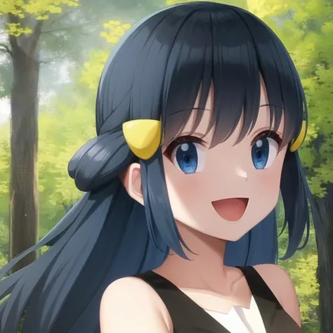 <lora:character_pokemon_dawn_v5:0.7> forest, 1girl, character_pokemon_dawn, solo, portrait, looking at viewer, blue eyes, blue hair, smile, open mouth, hairclip, sleeveless shirt