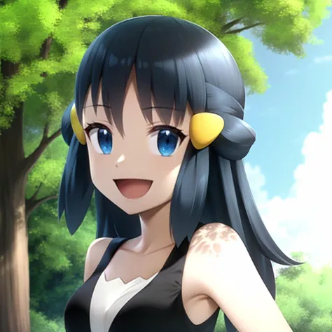 <lora:character_pokemon_dawn_v6:1> dawn \(pokemon\), forest, 1girl, solo, portrait, looking at viewer, blue eyes, blue hair, smile, open mouth, hairclip, sleeveless shirt,