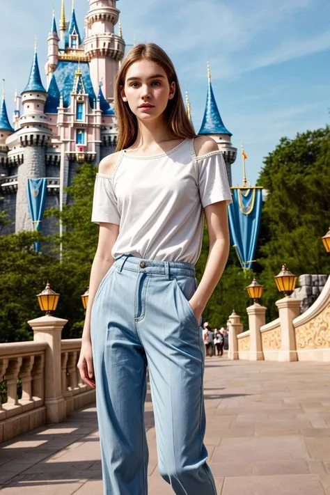 <lora:kawaii7.1.3_obj20:0.75:0.25>, European woman, closeup, sandals, (shirt), pants, (disney castle), ZM_lova, wide shoulders, perfect face, (contact iris: 1.1), pale skin, skin pores , depth of field