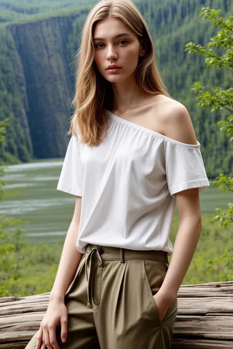 <lora:kawaii7.1.3_obj20:0.75:0.25>, European woman, closeup, sandals, (shirt), pants, (nahanni national park), ZM_lova, wide shoulders, perfect face, (contact iris: 1.1), pale skin, skin pores , depth of field