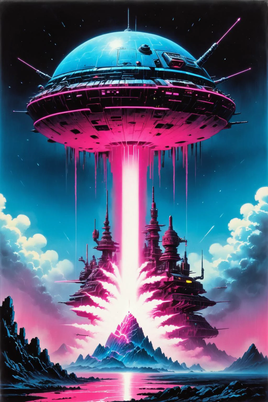 retro ink, image style is folk art with hard borders Chris Foss incluence ,, neon pink and blue (Verdict), divine creature, sharpened edges<lora:Retro_Ink_SDXL:.8>