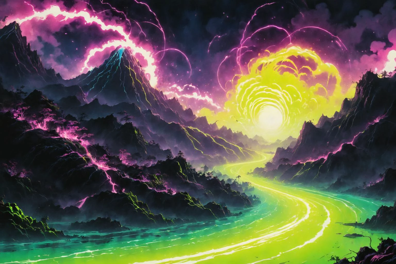 retro ink, image style is fantasy painting , rossdraws global illumination and High-Key Lighting Swirl Bokeh and Radial Blur and Retro/Vintage Effect , , detailed Mamoru Hosoda ,, neon yellow and green, (Landslide), aquatic creature, 1980's art style, sci fi, trending on artstation<lora:Retro_Ink_SDXL:.8>