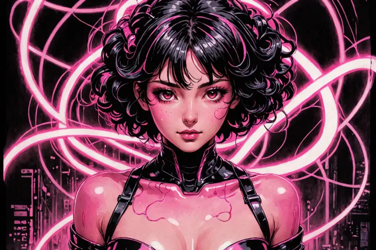 retro ink, image style is Pencil Sketch painting with hard contours Ai-Mitsu incluence ,, neon black and pink, in style of Gantz <lora:Retro_Ink_SDXL:.5>
