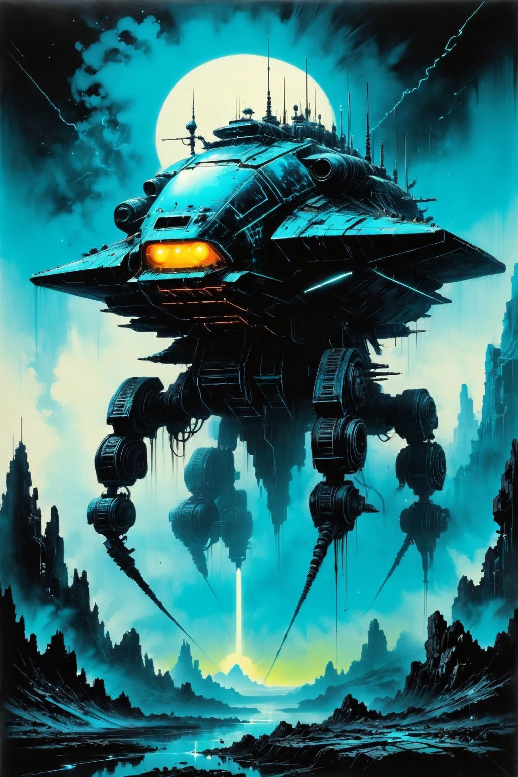 retro ink, image style is neo-romanticism painting with soft borders Chris Foss incluence ,, neon cyan and black, (Weight of the World), land creature, <lora:Retro_Ink_SDXL:.8>