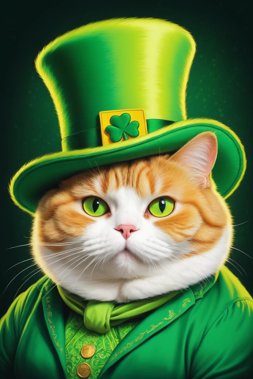flawless, clean, masterpiece, professional artwork, famous artwork, painting of a chubby cat, wearing hat, ( st. patrick's day background), <lora:Retro_Ink_SDXL:0.8> retro ink, neon green and yellow,