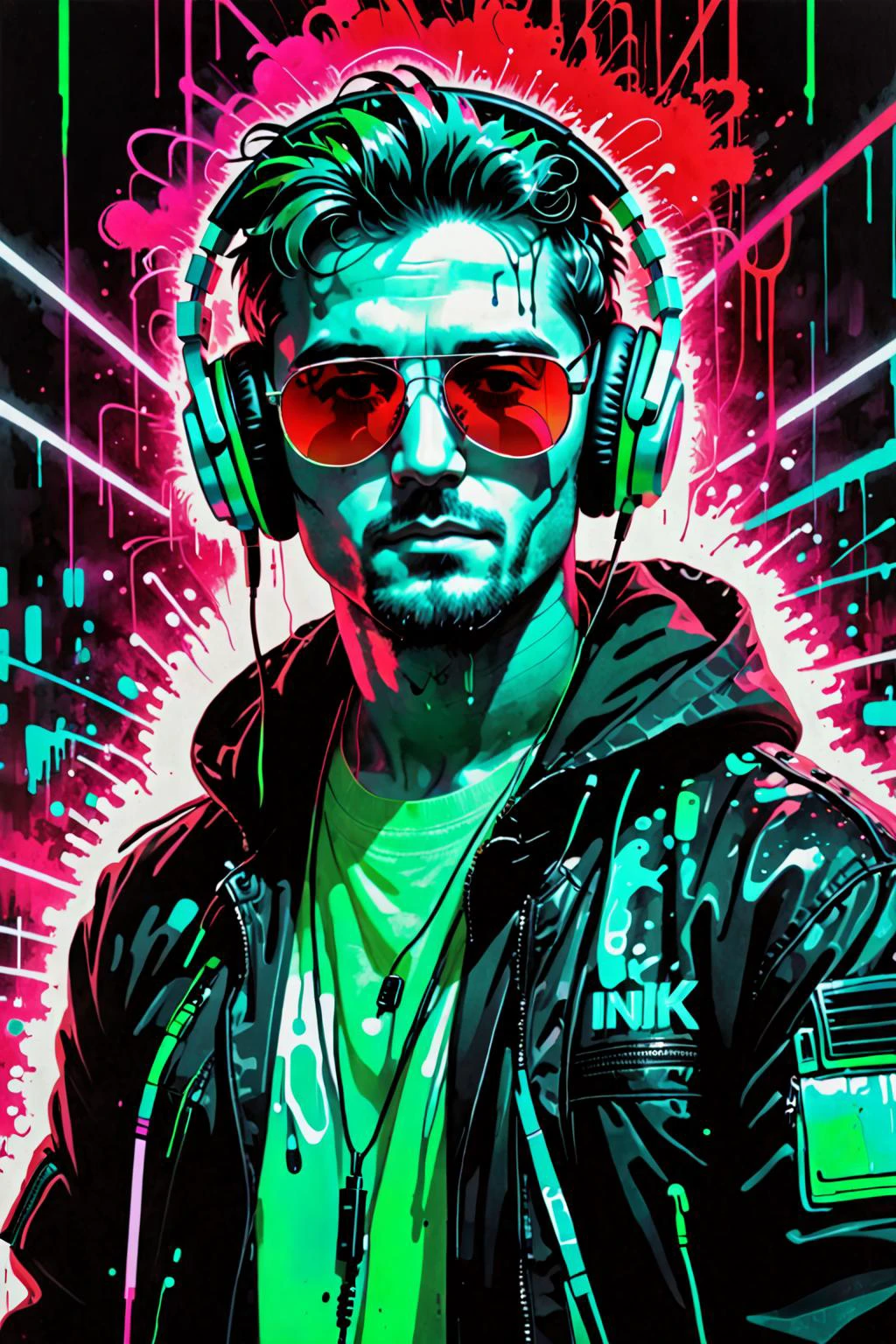retro ink, image style is Postmodernism painting with intricate black white incluence ,, neon Cyan ,Green , ((portrait of a man)), wearing sunglasses, wearing headphones and a black jacket, The background is a red and white color palette, with a lot of ink dripped onto the screen <lora:Retro_Ink_SDXL:.8>