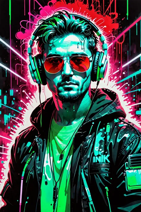 retro ink, image style is Postmodernism painting with intricate black white   incluence ,,  neon Cyan ,Green ,  ((portrait of a man)), wearing sunglasses, wearing headphones and a black jacket, The background is a red and white color palette, with a lot of ink dripped onto the screen <lora:Retro_Ink_SDXL:.8>