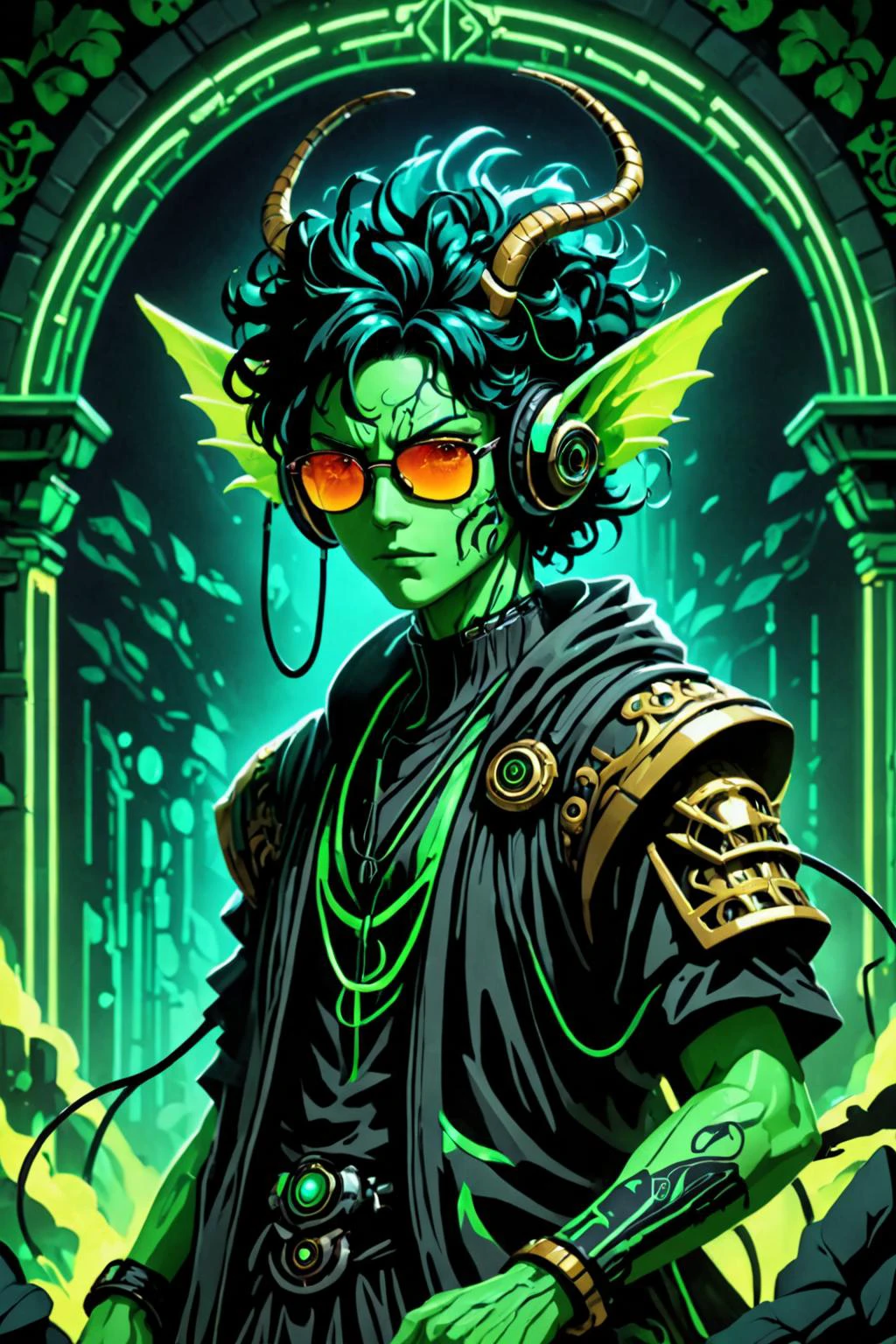 retro ink, image style is Pixel Art , Low-Key Lighting and Top Lighting Texture Overlay , , intricate Eiichiro Oda ,, neon Black ,Green , ((portrait of a arch fey)), wearing sunglasses, wearing headphones <lora:Retro_Ink_SDXL:.8> <lora:Fantasy_Monsters_XL:0.6>