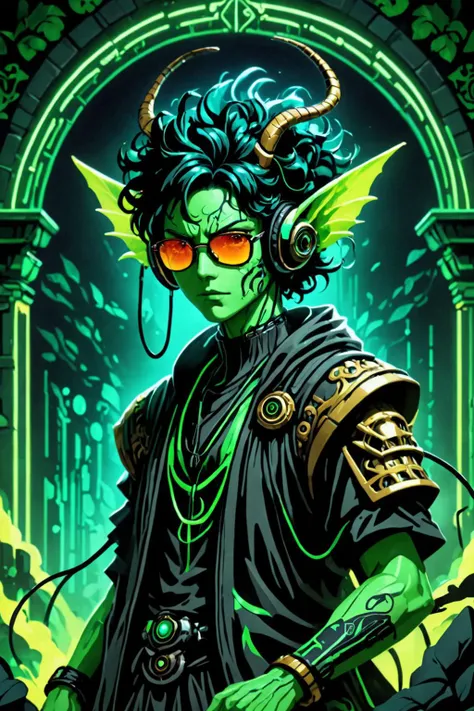 retro ink, image style is Pixel Art  , Low-Key Lighting and Top Lighting Texture Overlay , , intricate Eiichiro Oda  ,,  neon Black ,Green ,  ((portrait of a arch fey)), wearing sunglasses, wearing headphones  <lora:Retro_Ink_SDXL:.8> <lora:Fantasy_Monsters_XL:0.6>