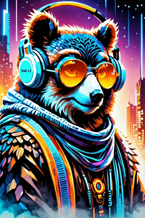 retro ink, image style is Rembrandt Lighting and cinematic lighting Mosaic/Pixelation , , sci-fi , science fiction with fluid detail in the style of Chris Foss  ,,  neon Brown,navy blue ,  ((portrait of a Owlbear)), wearing sunglasses, wearing headphones and a scarf, background is a white room with 2 meters deep-fantasy city lights, and the background is space with a white cat in the background, highly detailed, 8k, high resolution, rendered in Octane <lora:Retro_Ink_SDXL:.8> <lora:Fantasy_Monsters_XL:0.6>