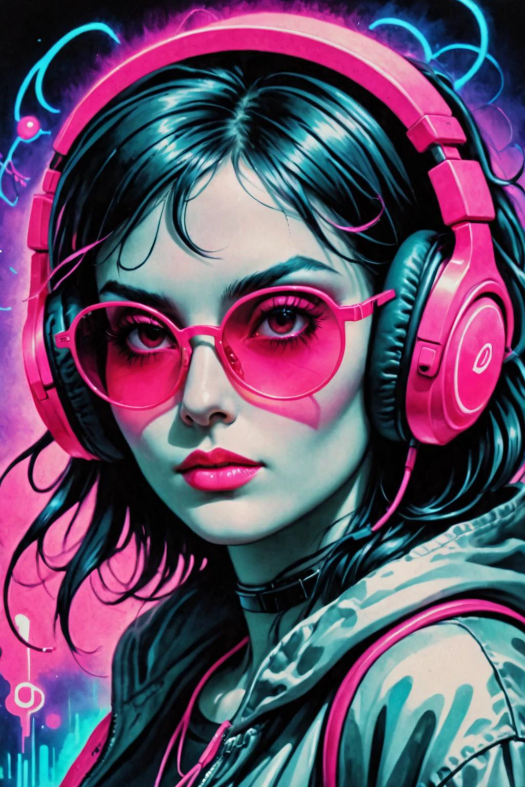 retro ink, image style is Colored Pencils painting with fluid Surrealism incluence ,, neon White,Pink , ((portrait of a Lamia)), wearing sunglasses, wearing headphones 2 headshot, low quality <lora:Retro_Ink_SDXL:.8> <lora:Fantasy_Monsters_XL:0.6>