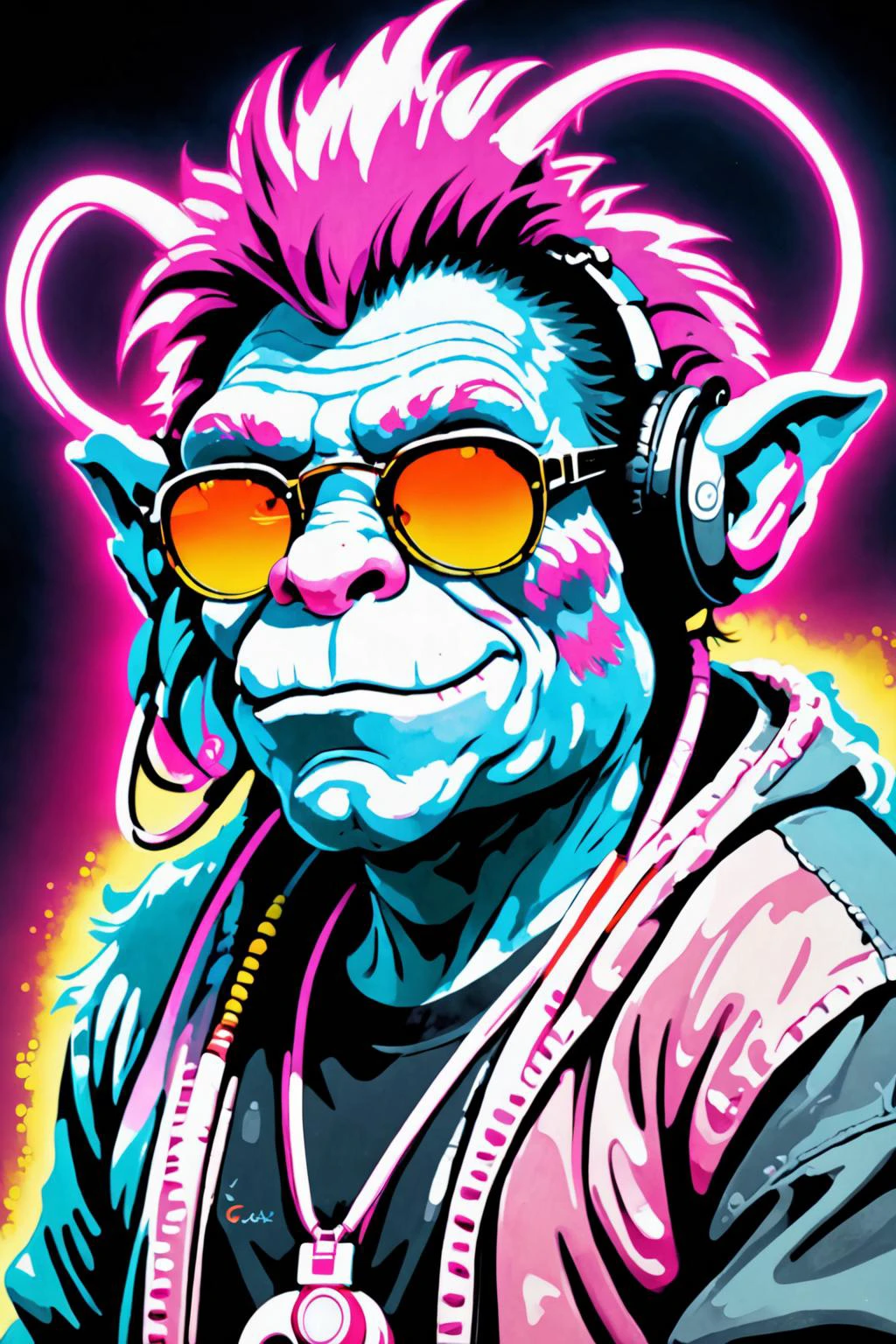 retro ink, image style is folk art with soft contours Hannu Rajaniemi incluence ,, neon Pink ,Platinum , ((portrait of a Troll)), wearing sunglasses, wearing headphones illustrated by Gustav Klimt and Range Murata and Katsuhiro Otomo, trending on ArtStation <lora:Retro_Ink_SDXL:.8>