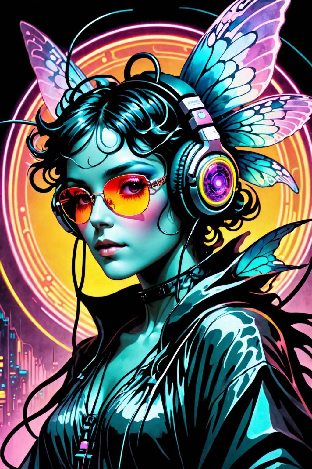 retro ink, image style is Surrealism with intricate Ai-Mitsu incluence ,, neon Platinum ,Black , ((portrait of a fairy)), wearing sunglasses, wearing headphones by Alphonse Mucha and Greg Rutkowski <lora:Retro_Ink_SDXL:.8> <lora:Fantasy_Monsters_XL:0.6>