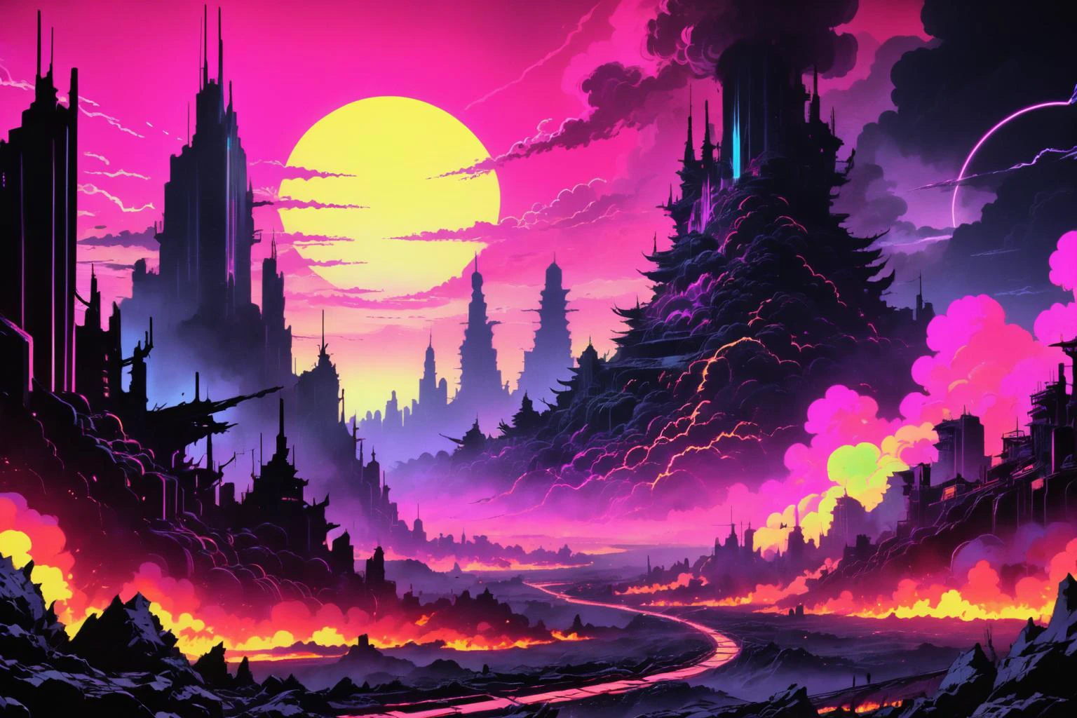 anime style, retro ink, neon Ash ,Black , ((hellscape)), image style is matte painting with intricate Colorfield incluence ,,<lora:Retro_Ink_SDXL:.6>
