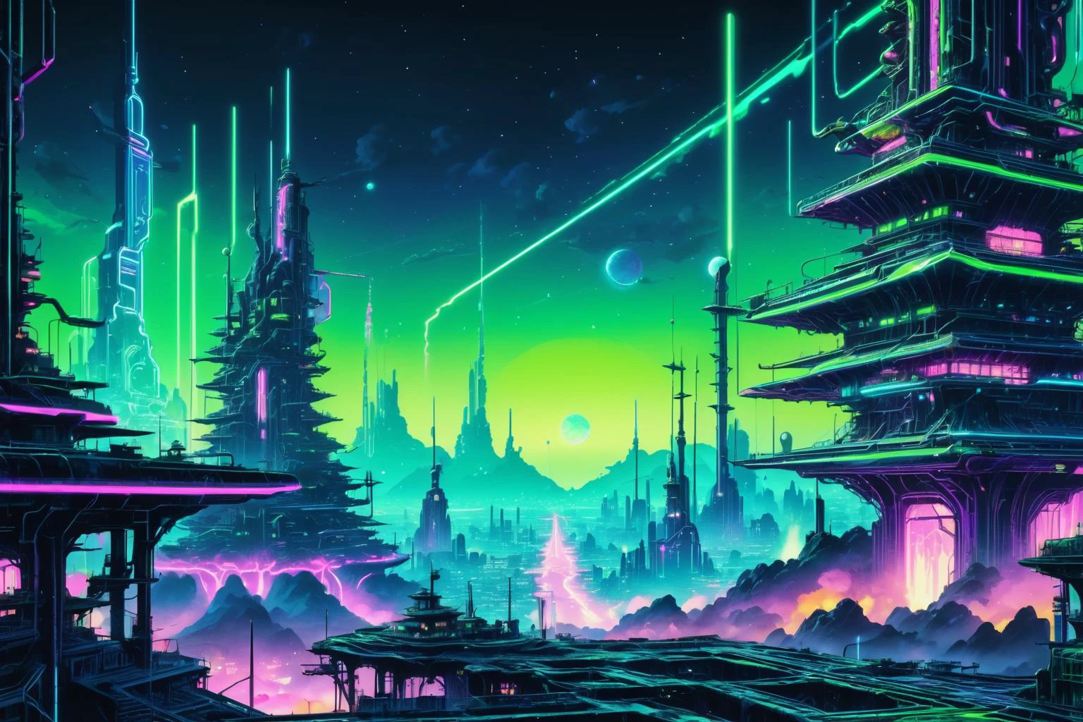 retro ink, neon Green,Blue , ((otherworldly structures in the distance)), anime, octane render,, intricate detail, highly detailed, photorealistic, 8K<lora:Retro_Ink_SDXL:.6>