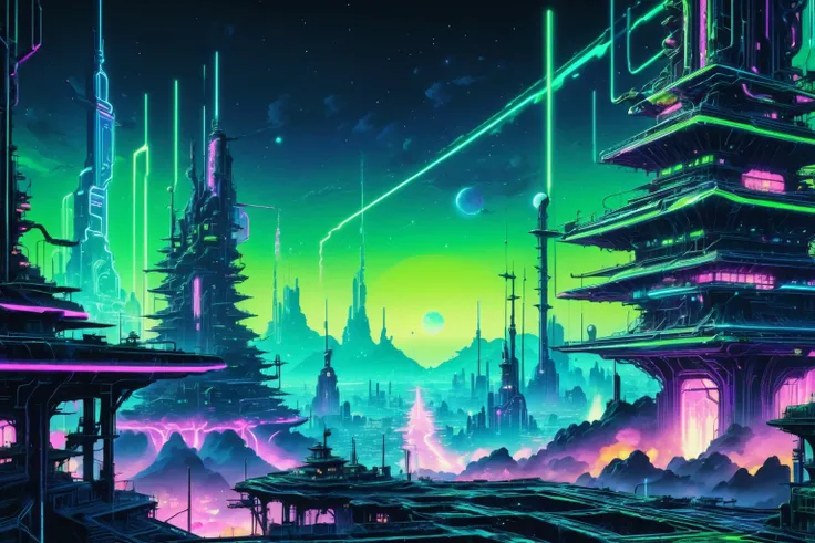 retro ink, neon Green,Blue ,  ((otherworldly structures in the distance)), anime, octane render,, intricate detail, highly detailed, photorealistic, 8K<lora:Retro_Ink_SDXL:.6>