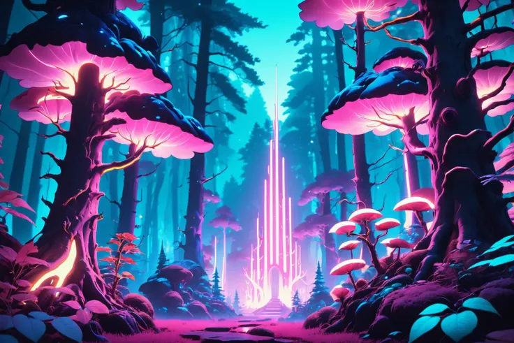 retro ink, neon Blue,Rose gold , ((fantasy forest)), anime, octane render,, 8K, volumetric lighting, highly detailed, artstation, beautiful, Artgerm<lora:Retro_Ink_SDXL:.6>