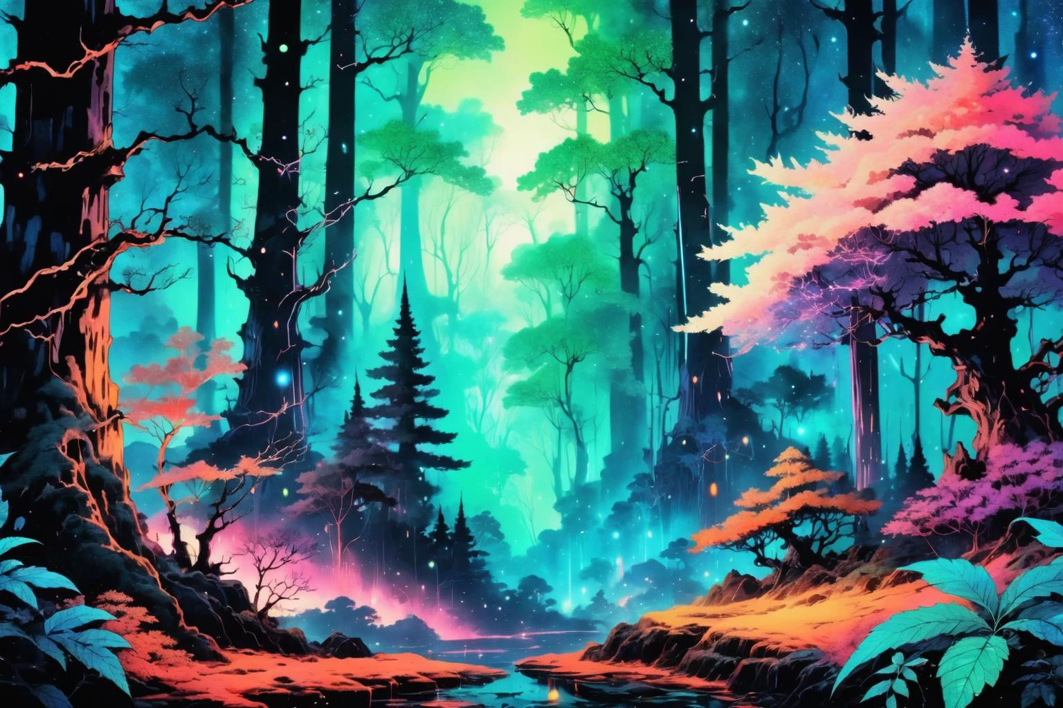 anime style, retro ink, neon Auburn ,Ash , ((fantasy forest)), image style is High Renaissance painting with intricate Glitter incluence ,,<lora:Retro_Ink_SDXL:.6>