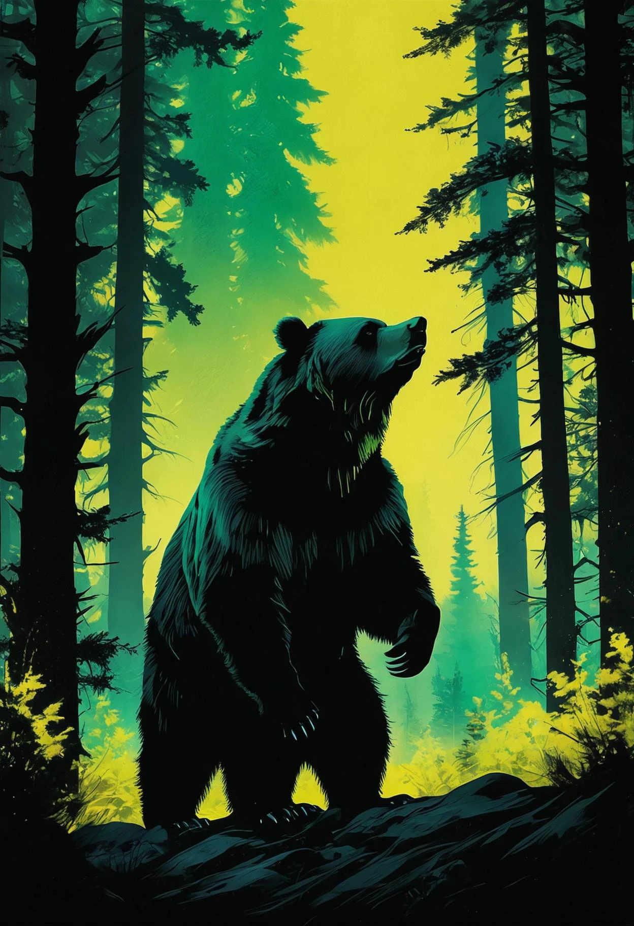 flawless, clean, masterpiece, professional artwork, famous artwork, cinematic lighting, cinematic bloom, retro ink, magical forest background, grizzly bear, neon yellow and green, silhouette <lora:Retro_Ink_SDXL:0.8>