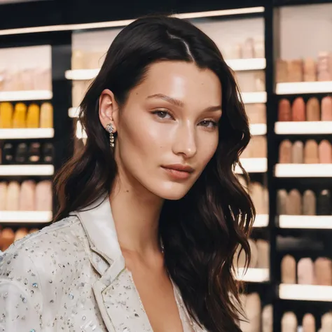 a photo of Bella Hadid in a store, (smiling), detailed skin, photorealistic <lora:bellahadid_SDXL_v1_1:0.75>