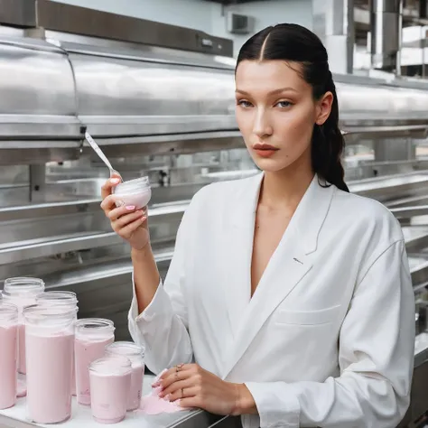 a photo of Bella Hadid in a yogurt factory, detailed skin, photorealistic <lora:bellahadid_SDXL_v1_1:0.75>
