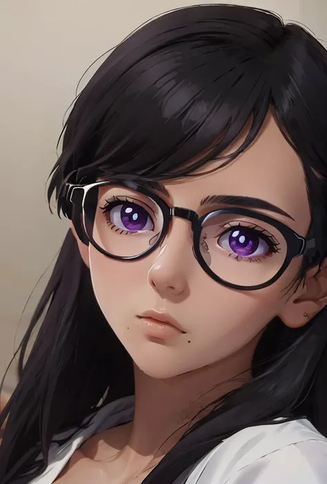 (masterpiece, best quality), 1girl, <lora:Hizuro Minakata:0.8> purple eyes_black hair_long hair_glasses