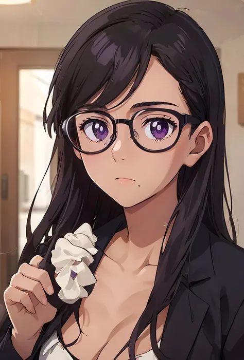 (masterpiece, best quality), 1girl, <lora:Hizuro Minakata:0.8> purple eyes_black hair_long hair_glasses
