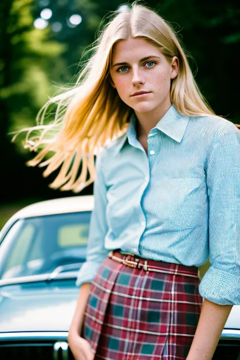 analog raw portrait photo of an 20 year old AshleyCipher, blonde hair, wearing a dress shirt and a plaid skirt, standing in front of a BMW convertable, bokeh, Lomo, dof, high definition, detailed, intricate, fujifilm xt3, dslr, 50mm, camera flash, lens flare
