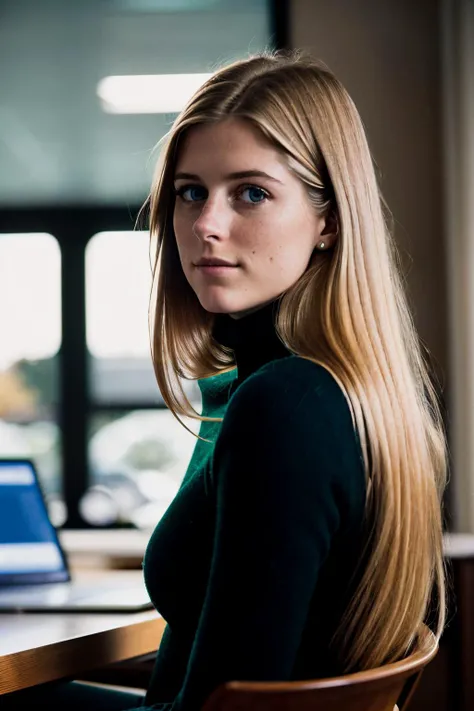 medium shot, raw photo of a AshleyCipher, wearing a black turtleneck, sitting behind desk in corporate office, bokeh, Lomo, dof, high definition, detailed, intricate, fujifilm xt3, dslr, 50mm, camera flash, lens flare <lora:theovercomer8sContrastFix_sd15:0.5>