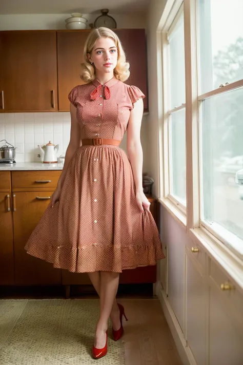 Professional Full Body Photo, Full Shot, of AshleyCipher (wearing vintage 1950s polkadot red a-line dress), in kitchen of 1950s American house, pinup, (portrait), [smoke], [haze], natural lighting, shallow depth of field, photographed on a Canon EOS-1D X Mark III, 50mm lens, F/2.8, (intricately detailed, hyperdetailed), ((RAW color)), sharp focus, HDR, 4k resolution, Cinematic film still from Mad Men