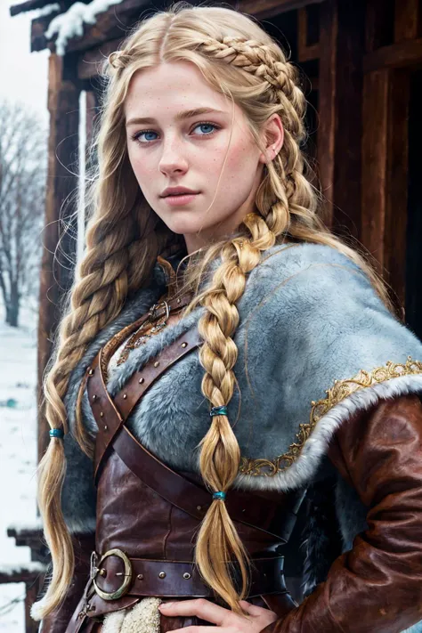 character portrait painting photo of AshleyCipher as a beautiful viking shieldmaiden, hair in long braids, fur and leather, winter, battlefield, (masterpiece:1.2) (illustration:1.1) (best quality:1.2) (detailed) (intricate) (8k) (HDR) (wallpaper) (cinematic lighting) (sharp focus) <lora:AZovyaRPGArtistToolsLORAV2art:0.35>