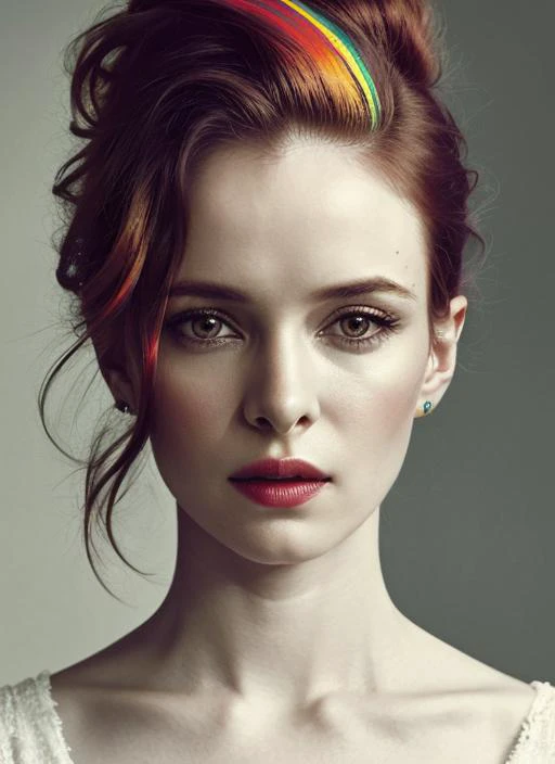 portrait of sks woman by Flora Borsi, style by Flora Borsi, bold, bright colours, rainbow Mohawk haircut, ((Flora Borsi)), <lora:locon_daniellepanabaker_v1_from_v1_64_32:1.25>