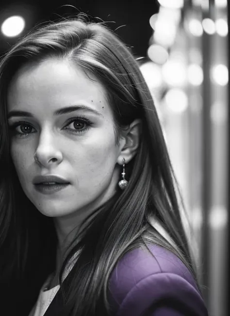 candid RAW close up portrait photo of sks woman in a (purple colored suit:1.0) on a dark street with shopping windows (at night:1.2), bokeh, Ilford Delta 3200 film, dof, high definition, detailed, intricate, flashlight, <lora:locon_daniellepanabaker_v1_from_v1_64_32:1.25>