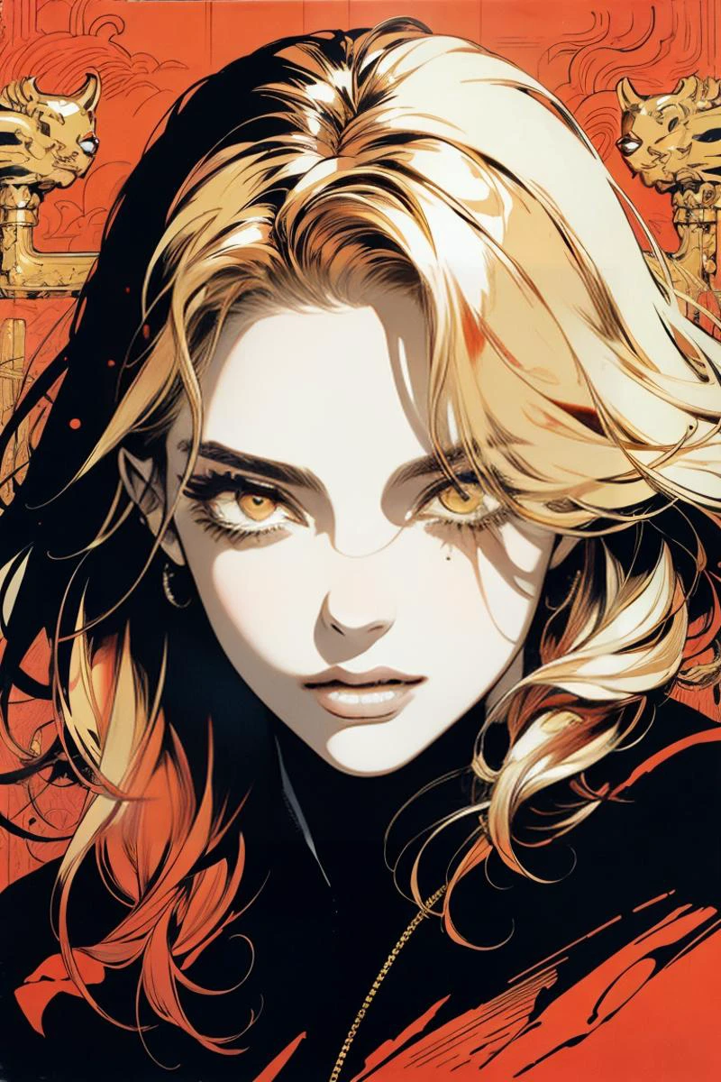 1girl, majestic, portrait of a vampire queen with a golden hair, seductive, high contrast <lora:cateyes_lora01:0.5> cateyes <lora:EF-p1ld31:1> p1ld3 style <lora:ST-ayami_kojima:0.5> Ayami Kojima<lora:EF-GoodHands-beta2:0.5><lora:EF-GoodHands-beta2:0.5>