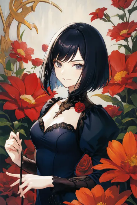 <lora:ayami_kojima:1>ayami_kojima, 1girl, black hair, bob cut, evil smile, dress, flowers,
