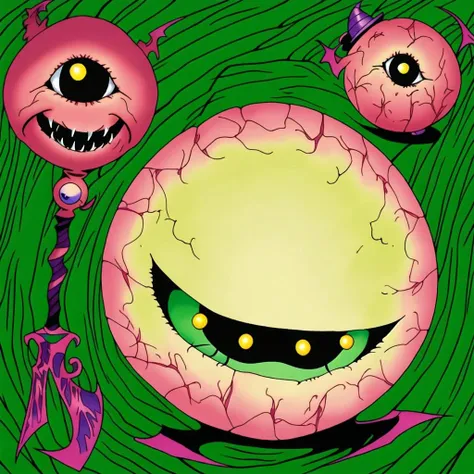 (masterpiece, best art), Early TCG, detailed face, (neon green background), ((small ball creature, magician hat, staff, cute, adorable eyes, demonic mouth:1.2)) <lora:OldTCG-000009:0.75>