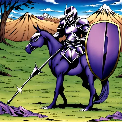 (masterpiece, best art), Early TCG, detailed face, (sky, mountains, daylight, sunny day), ((tall knight, purple armor, holding spear and shield:1.2)) <lora:OldTCG-000009:0.75>