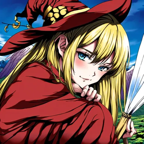 (masterpiece, best art), Early TCG, detailed face, (1girl), (sky, mountains, daylight, sunny day), ((golden hair, witch's broom, Phrygian Cap, angel wings, red dress:1.2)) <lora:OldTCG-000009:0.75>