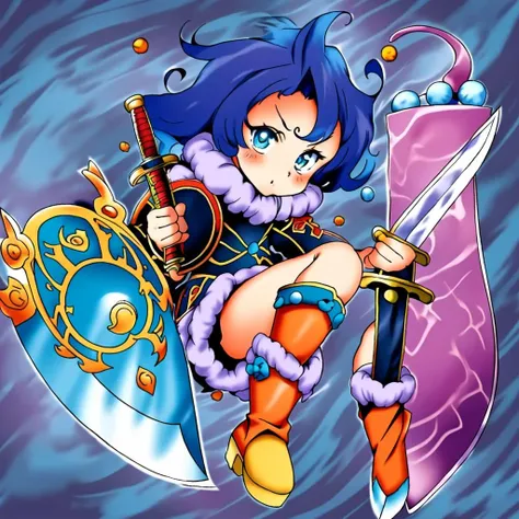 (masterpiece, best art), Early TCG, detailed face, (swirly blue background), ((holding sword and shield:1.4)) ((small fuzzy ball creature, cute, adorable eyes, small boots:1.2)) <lora:OldTCG-000009:0.75>