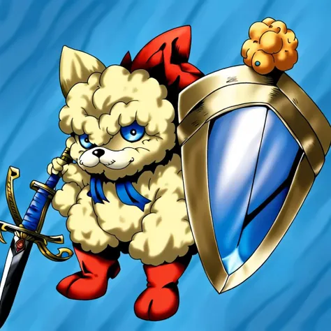 (masterpiece, best art), Early TCG, detailed face, (swirly blue background), ((holding sword and shield:1.4)) ((small fuzzy ball creature, cute, adorable eyes, small boots:1.2)) <lora:OldTCG-000009:0.75>