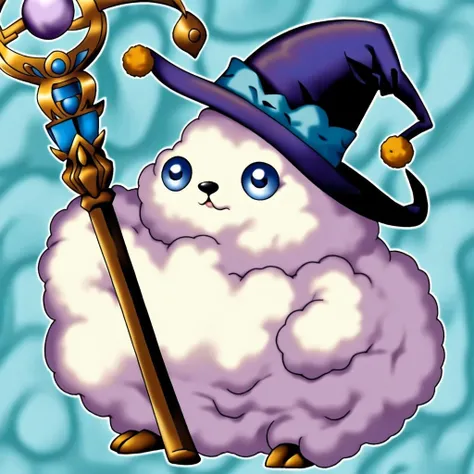 (masterpiece, best art), Early TCG, detailed face, (swirly blue background), ((magician's hat, staff:1.4)) ((small fluffy ball creature, cute, adorable eyes:1.2)) <lora:OldTCG-000009:0.75>