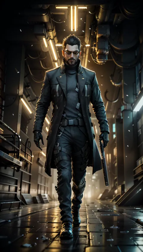 ((Best quality)), ((masterpiece)), (highly detailed:1.3), 3D, Agent Jensen hunting down criminals, AGENT JENSEN IS A VERY BAD MAN, cyberpunk, noir setting, inspired by bladerunner,jensen_dx,trenchcoat,matrixCommandLineStyle,HDR (High Dynamic Range),Ray Tracing,NVIDIA RTX,Super-Resolution,Unreal 5,Subsurface scattering,PBR Texturing,Post-processing,Anisotropic Filtering,Depth-of-field,Maximum clarity and sharpness,Multi-layered textures,Albedo and Specular maps,Surface shading,Accurate simulation of light-material interaction,Perfect proportions,Octane Render,Two-tone lighting,Low ISO,White balance,Rule of thirds,Wide aperature,8K RAW,Efficient Sub-Pixel,sub-pixel convolution,luminescent particles,Efficient Sub-Pixel,sub-pixel convolution,luminescent particles <lora:adam_jensen:0.7> <lora:NijiExpressV2:0.2>