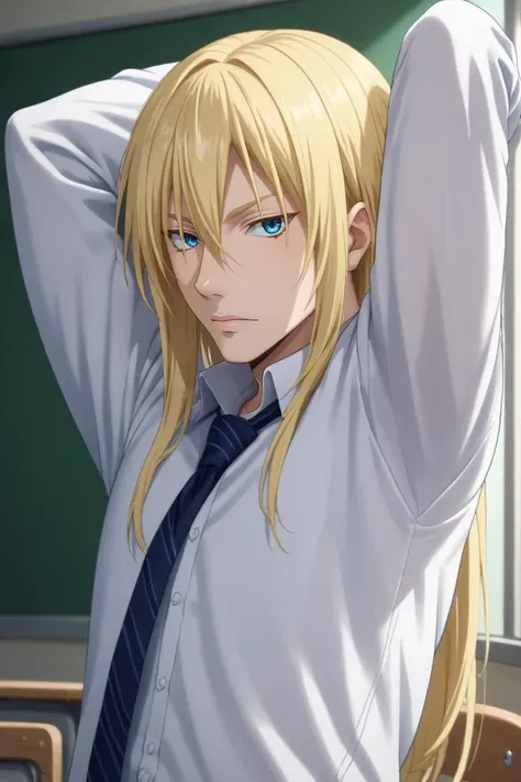 score_9, score_8_up, score_7_up, source_anime, rating_safe, intricate details, (photorealistic:0.6), looking at viewer, depth of field, 1boy, solo, male focus, <lora:leon_cromwell_pony:0.84>, leon_cromwell, blonde hair, blue eyes, long hair, hair between eyes, profile, classroom, day, arms up, giggling, , <lora:sdxl_lightning_8step_lora:1>