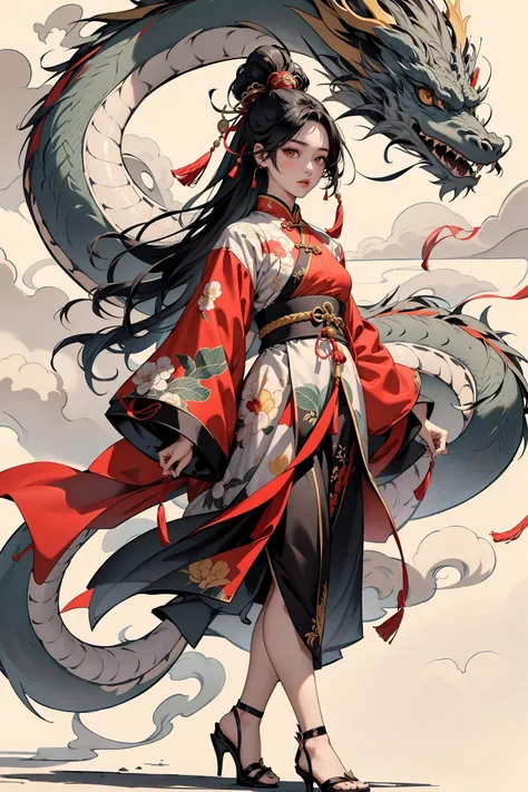1girl,thick thighs, dragon, eastern dragon, black hair, hair ornament, long hair, floral print, solo, holding,yellow chinese clothes, footwear, cloud, high heels, full body, long sleeves, standing, sash, smoke, looking at viewer, hair stick, tassel, jewelry,Zhang Daqian's paintings,<lora:绪å¿-æ°´å¢¨é¾ Ink Painting:0.7>