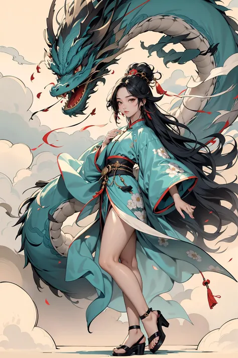 1girl,thick thighs, dragon, eastern dragon, black hair, hair ornament, long hair, floral print, solo, holding,cyan chinese clothes, footwear, cloud, high heels, full body, long sleeves, standing, sash, smoke, looking at viewer, hair stick, tassel, jewelry,Zhang Daqian's paintings,<lora:绪å¿-æ°´å¢¨é¾ Ink Painting:0.7>