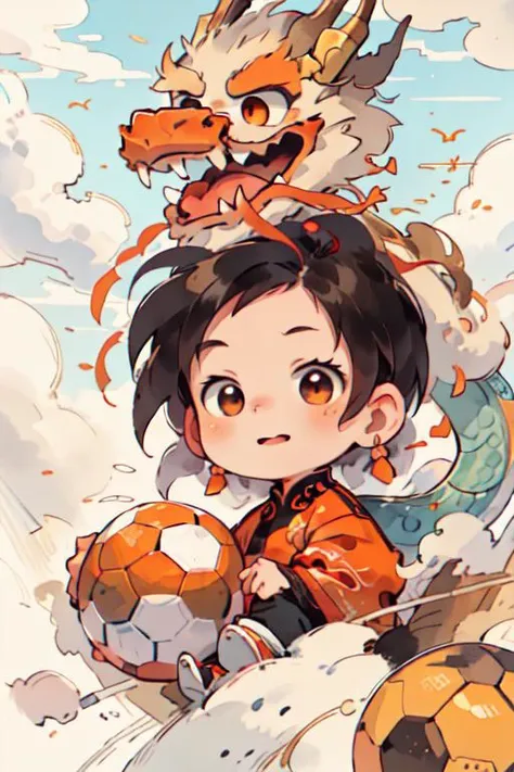 masterpiece,ultra detail,best quality,Chinese dragon,cloud,floating air,sky,flying sky,face only,close up,  <lora:Ink Painting_20231021234143:0.9>,(orange,soccerball,chibi,boy)